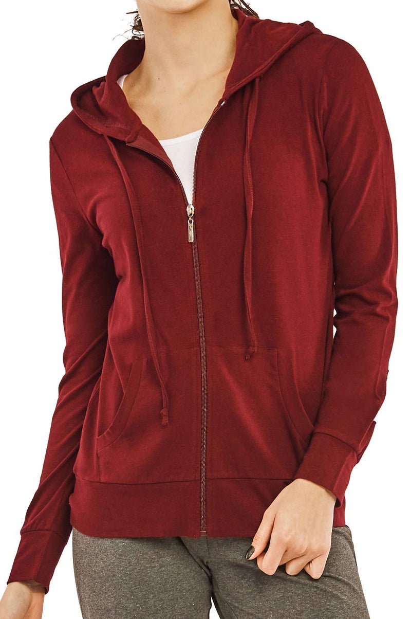 Cottonbell Women's Zip Up Cotton Light Hoodie Jacket (S, Burgundy) - Image 3